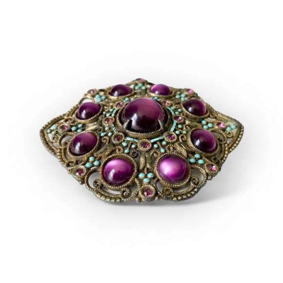 Large Antique Purple Cabochon Turquoise Enamel Austro Hungarian Brooch Sash Pin - Picture 3 of 7